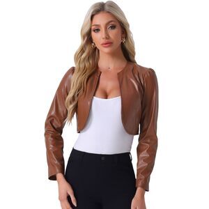 PU Leather Crop Jackets Open Front Long Sleeve Jacket Brown